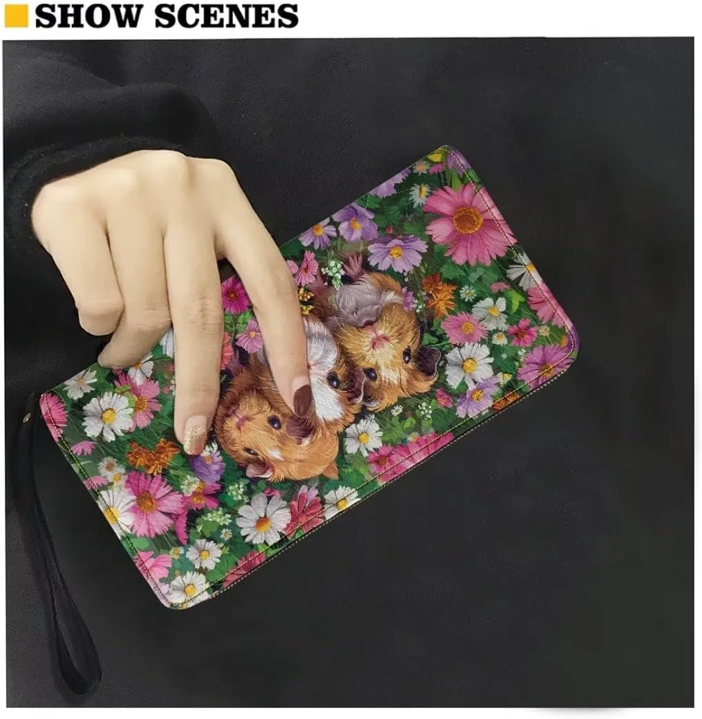 Womens Flower Guinea Pig Wallet PU Leather Zip Around Wallet Clutch Wristlet Travel Long Purse for Women