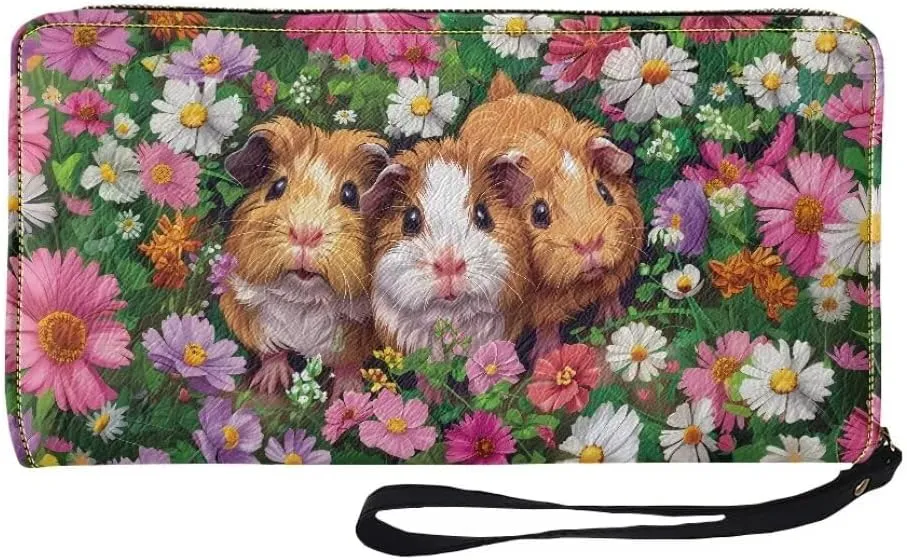 Womens Flower Guinea Pig Wallet PU Leather Zip Around Wallet Clutch Wristlet Travel Long Purse for Women