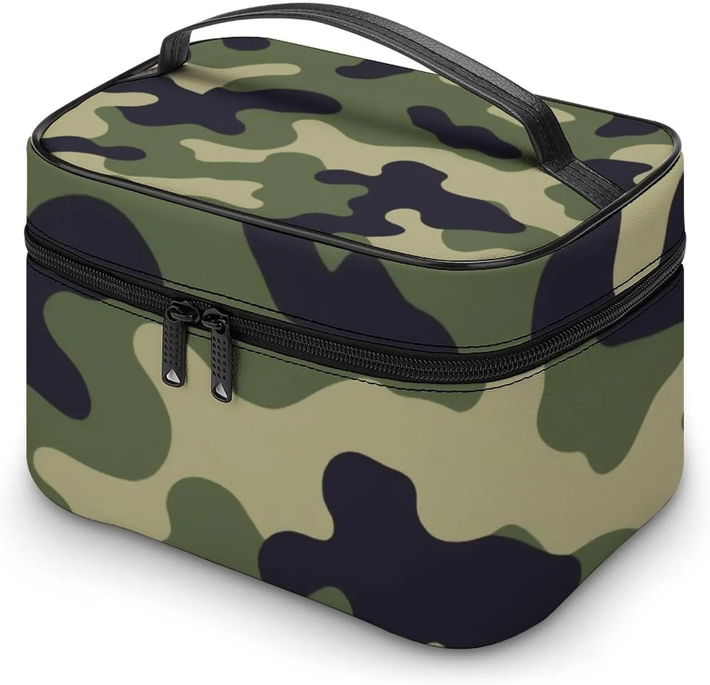 Women's Green Camo Army Camouflage 3D Print Cosmetic Storage Bag, Large Capacity Makeup Case with Handle Portable Travel Toiletry Organizer Bag