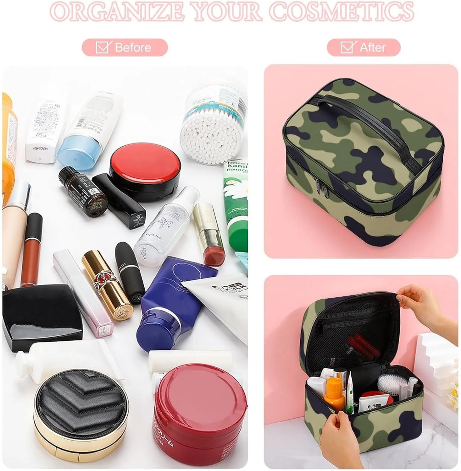 Women's Green Camo Army Camouflage 3D Print Cosmetic Storage Bag, Large Capacity Makeup Case with Handle Portable Travel Toiletry Organizer Bag
