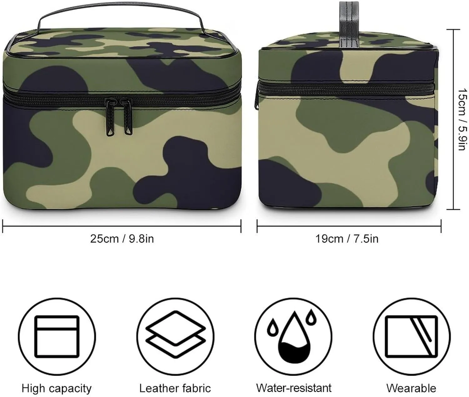 Women's Green Camo Army Camouflage 3D Print Cosmetic Storage Bag, Large Capacity Makeup Case with Handle Portable Travel Toiletry Organizer Bag