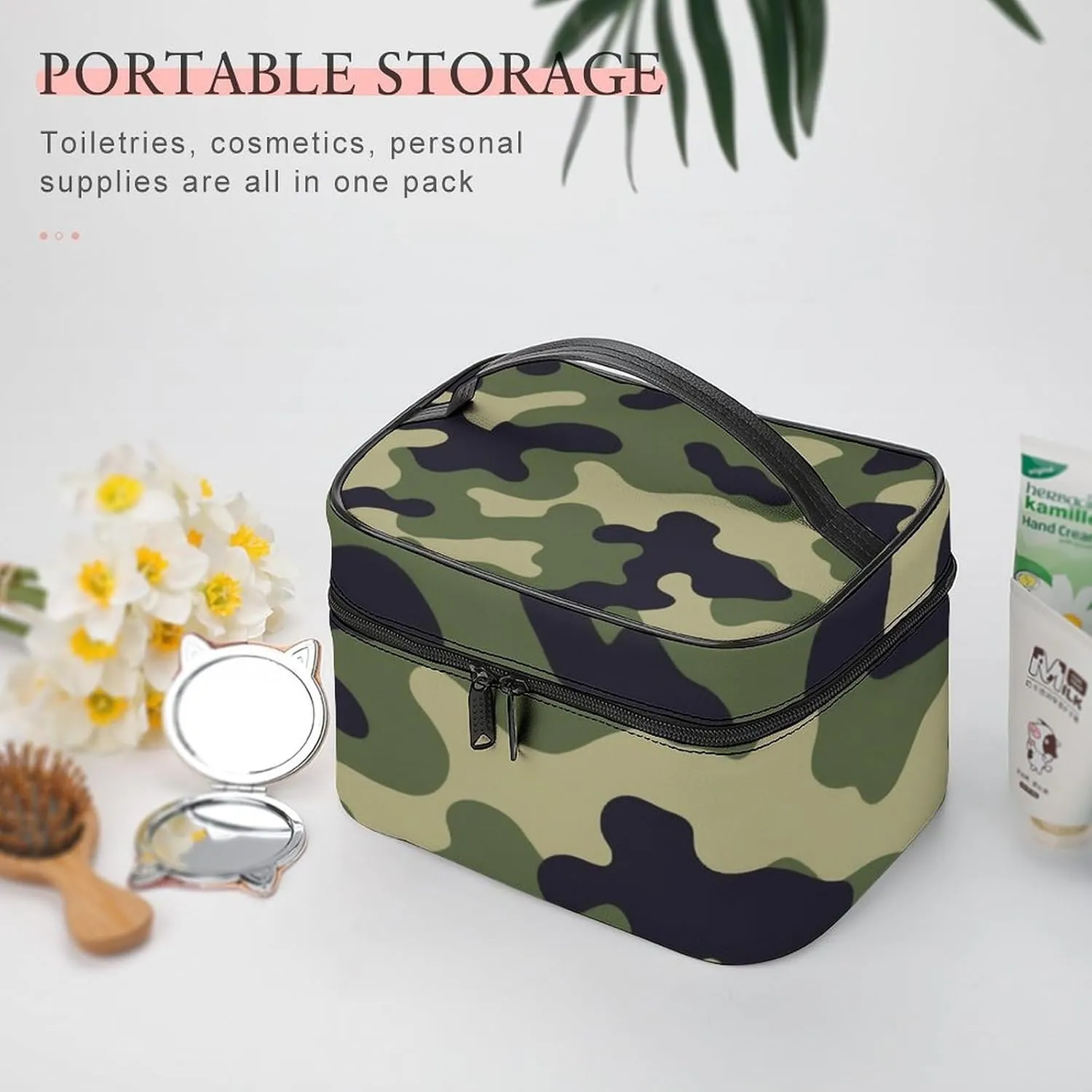 Women's Green Camo Army Camouflage 3D Print Cosmetic Storage Bag, Large Capacity Makeup Case with Handle Portable Travel Toiletry Organizer Bag