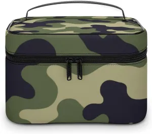Women's Green Camo Army Camouflage 3D Print Cosmetic Storage Bag, Large Capacity Makeup Case with Handle Portable Travel Toiletry Organizer Bag