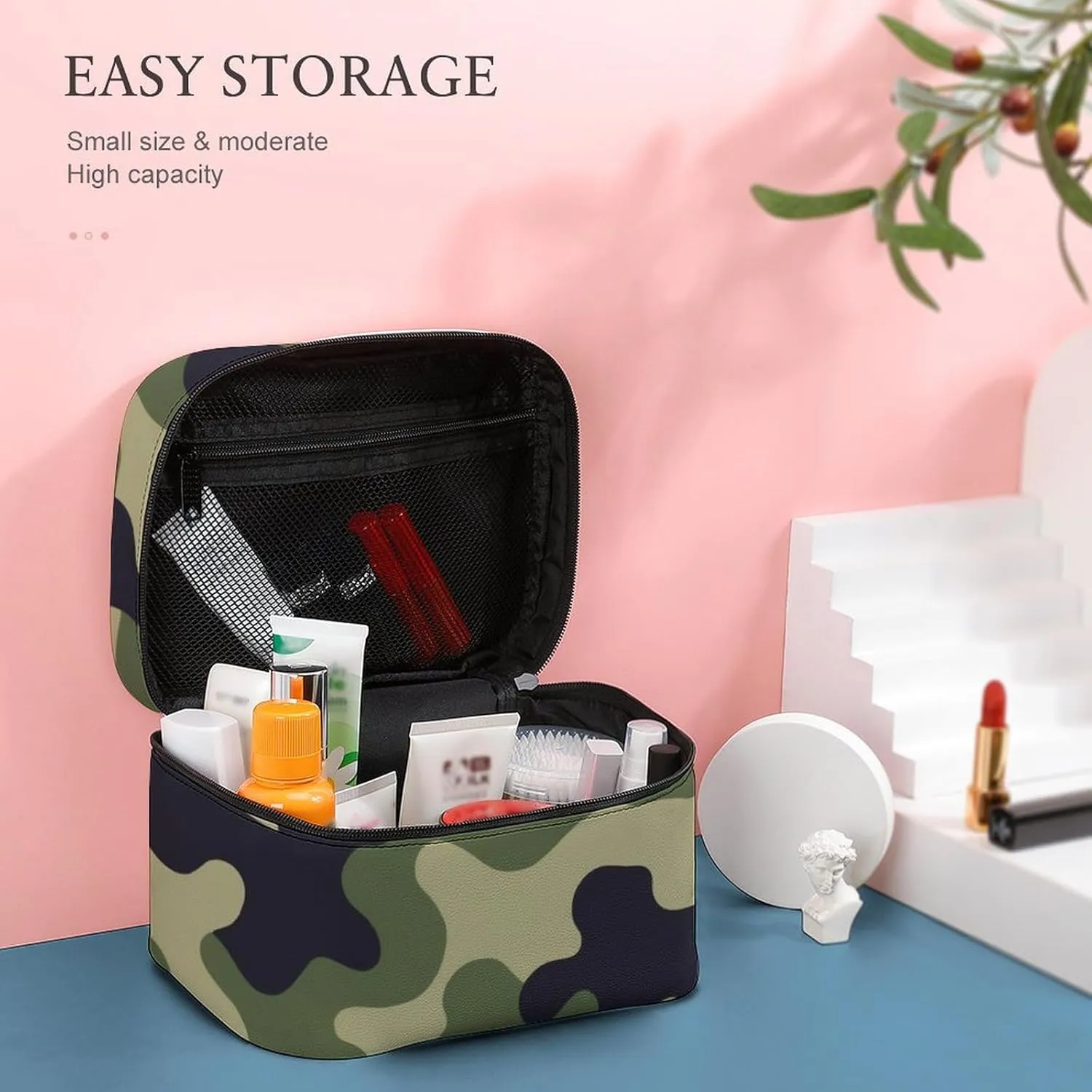 Women's Green Camo Army Camouflage 3D Print Cosmetic Storage Bag, Large Capacity Makeup Case with Handle Portable Travel Toiletry Organizer Bag