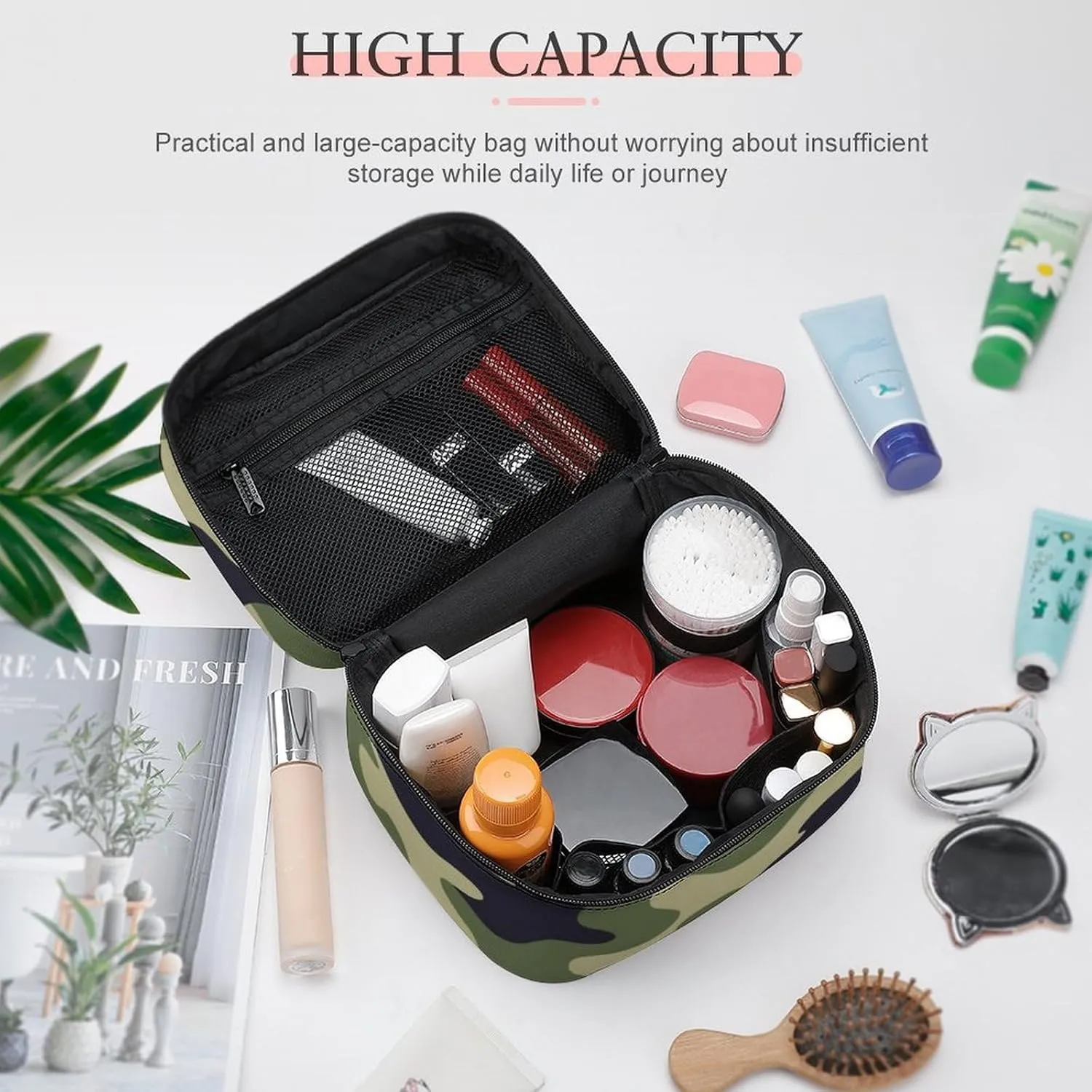 Women's Green Camo Army Camouflage 3D Print Cosmetic Storage Bag, Large Capacity Makeup Case with Handle Portable Travel Toiletry Organizer Bag