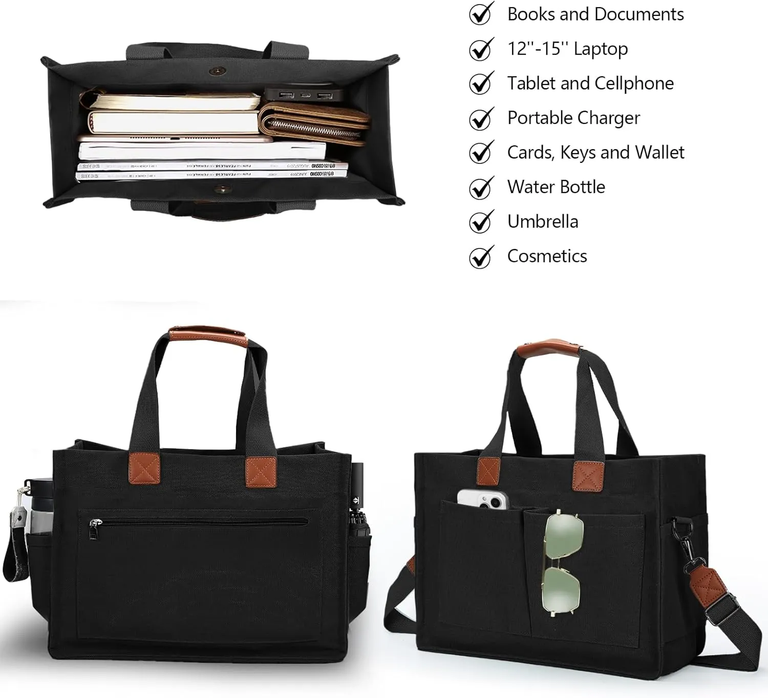 Women's Large Canvas Tote Bag with Pockets, Laptop Crossbody, Everyday Satchel, Shoulder Hobo Work Travel Handbag