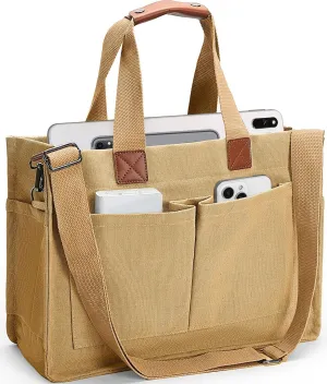 Women's Large Canvas Tote Bag with Pockets, Laptop Crossbody, Everyday Satchel, Shoulder Hobo Work Travel Handbag