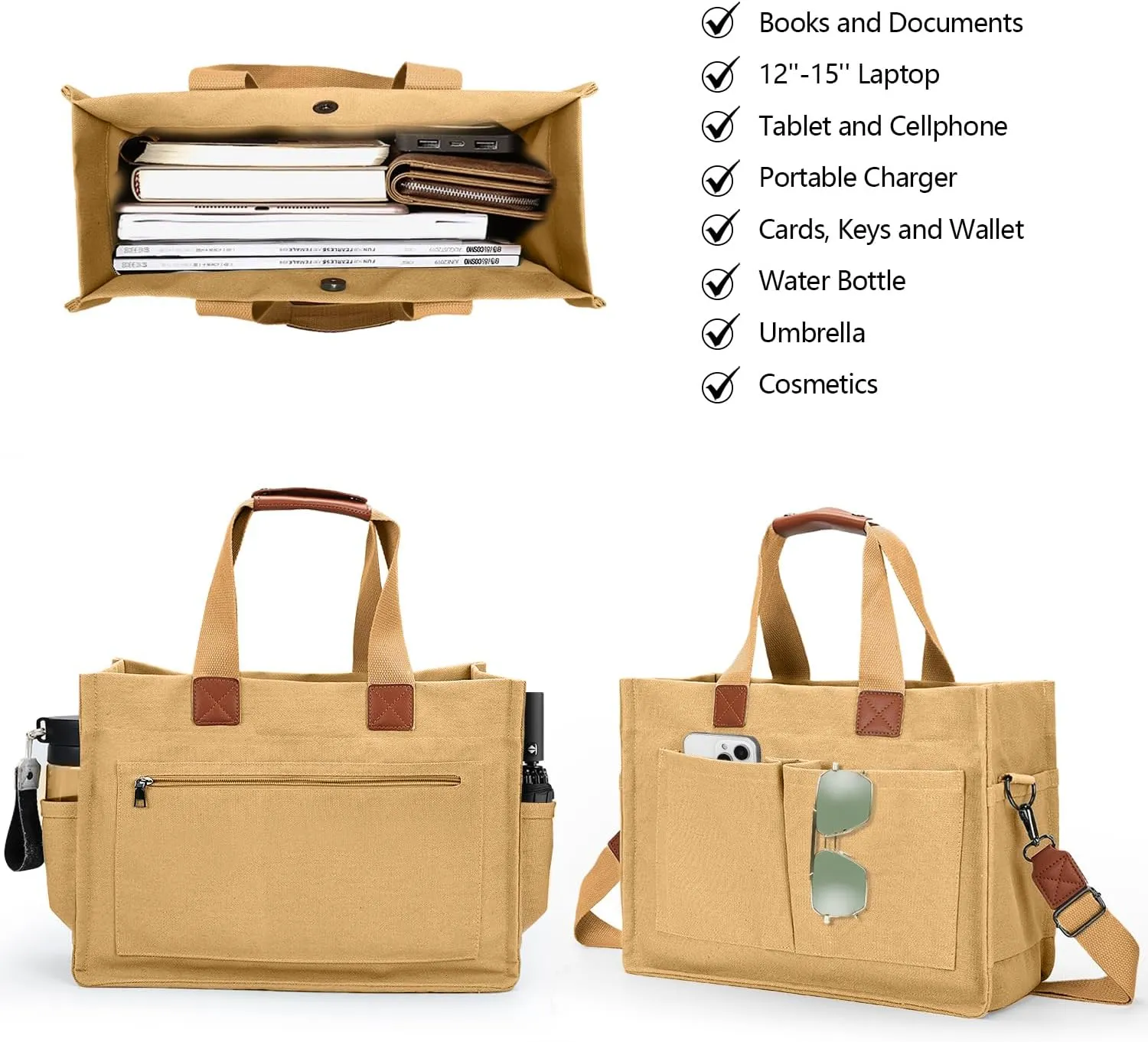 Women's Large Canvas Tote Bag with Pockets, Laptop Crossbody, Everyday Satchel, Shoulder Hobo Work Travel Handbag