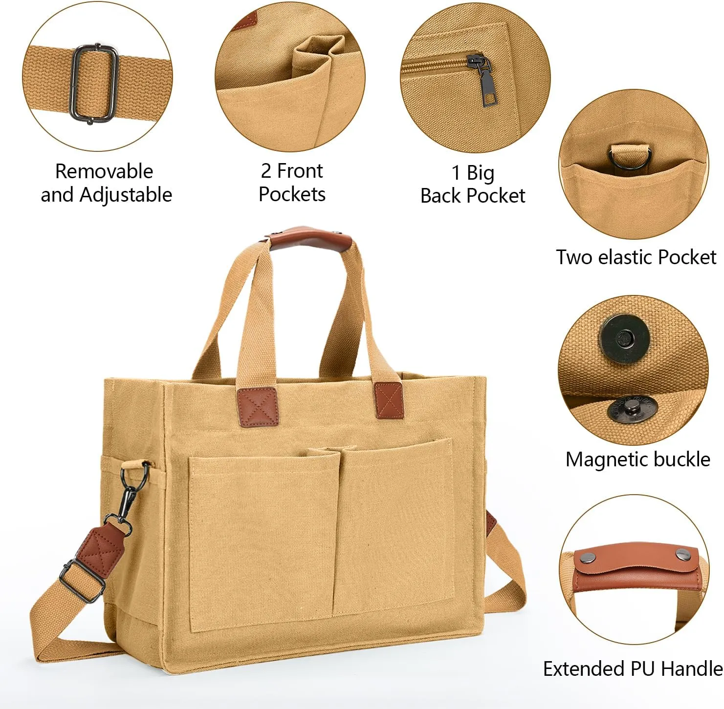 Women's Large Canvas Tote Bag with Pockets, Laptop Crossbody, Everyday Satchel, Shoulder Hobo Work Travel Handbag
