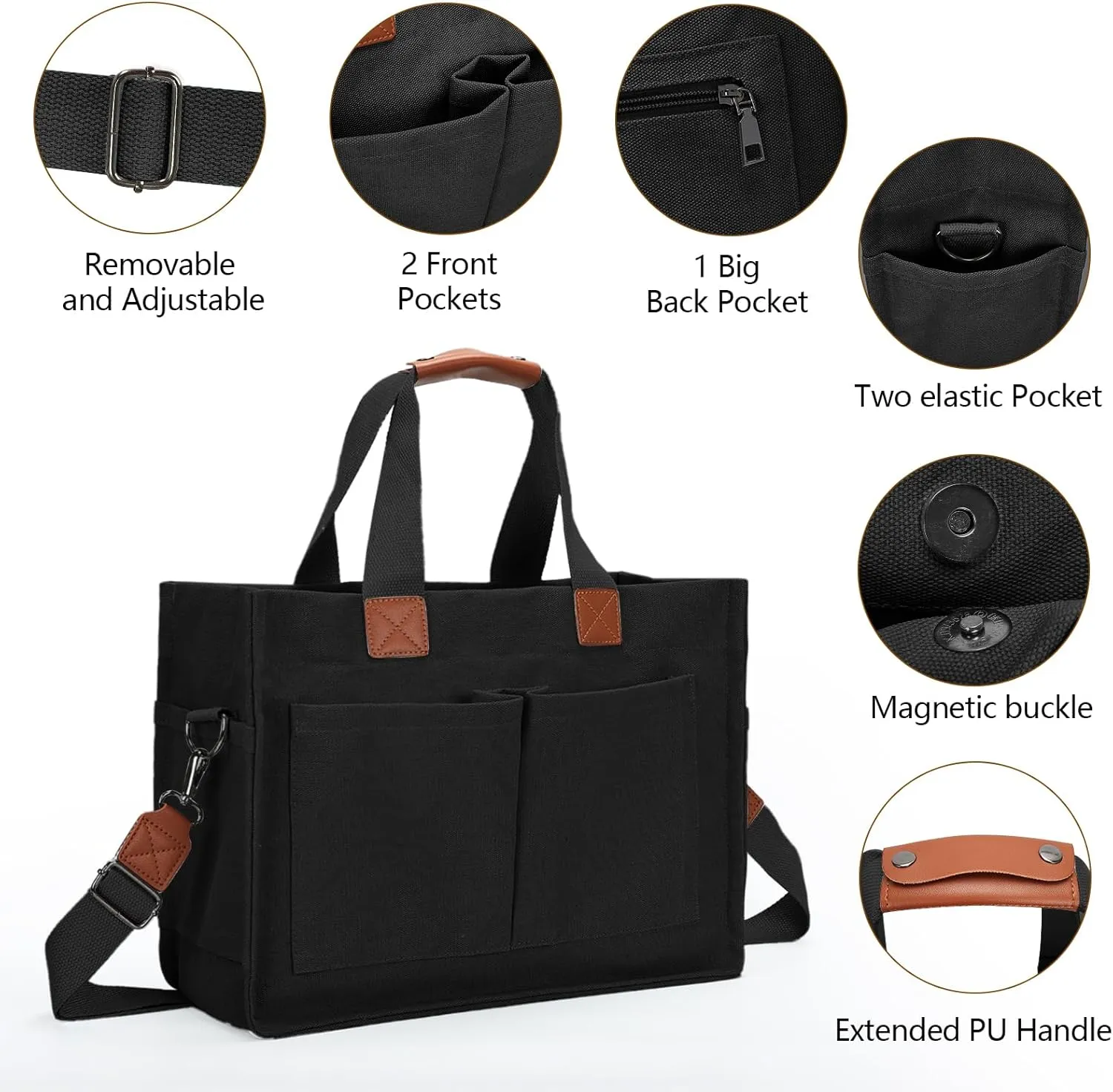 Women's Large Canvas Tote Bag with Pockets, Laptop Crossbody, Everyday Satchel, Shoulder Hobo Work Travel Handbag