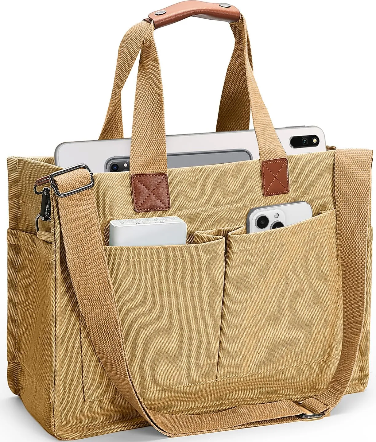 Women's Large Canvas Tote Bag with Pockets, Laptop Crossbody, Everyday Satchel, Shoulder Hobo Work Travel Handbag