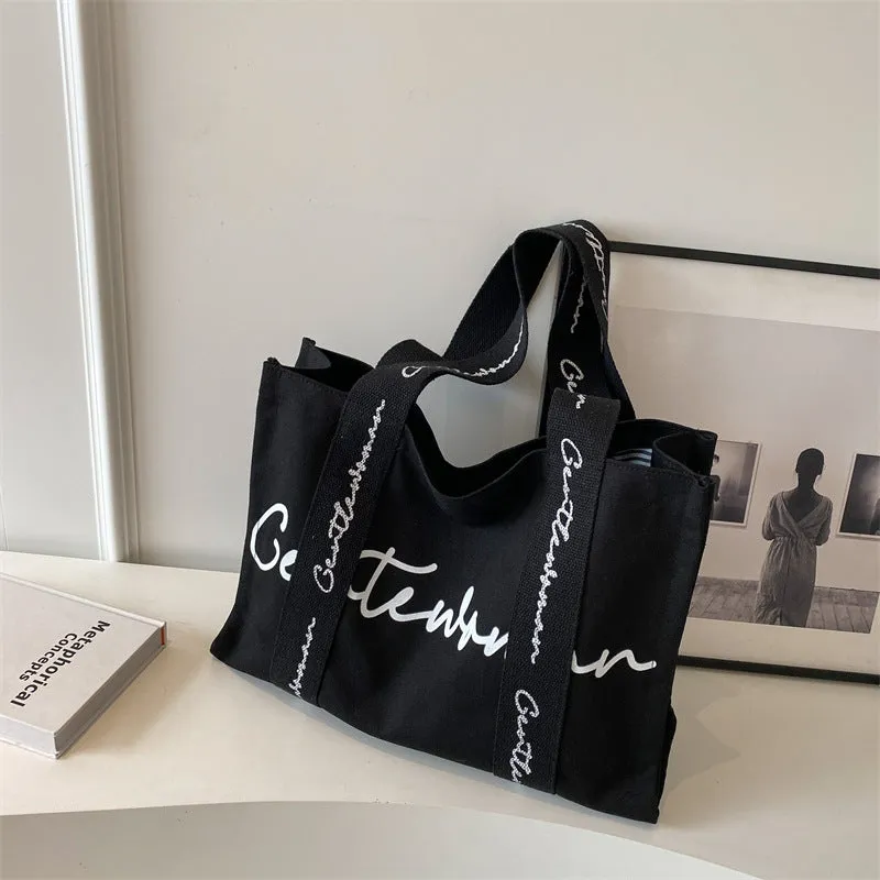 Women's Large Capacity Canvas Simple Letters Class Shoulder Bags