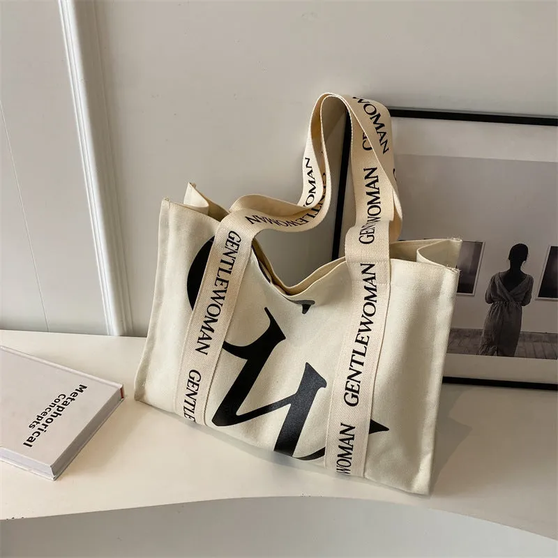 Women's Large Capacity Canvas Simple Letters Class Shoulder Bags