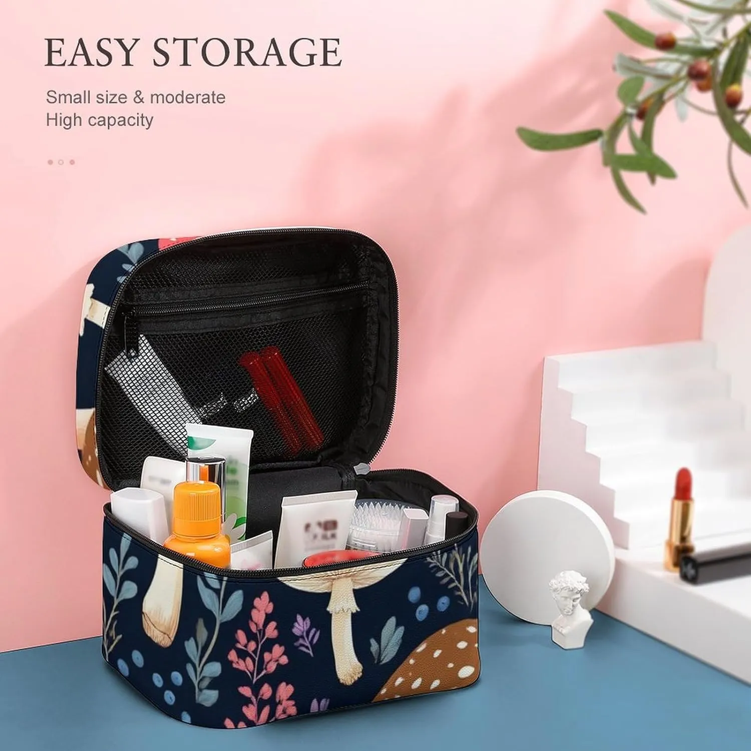 Women's Large Makeup Bag, Portable Cosmetic Brush Bags Autumn Fall Leaves Cool Mushrooms Makeup Organizer Case Travel Toiletry Accessories