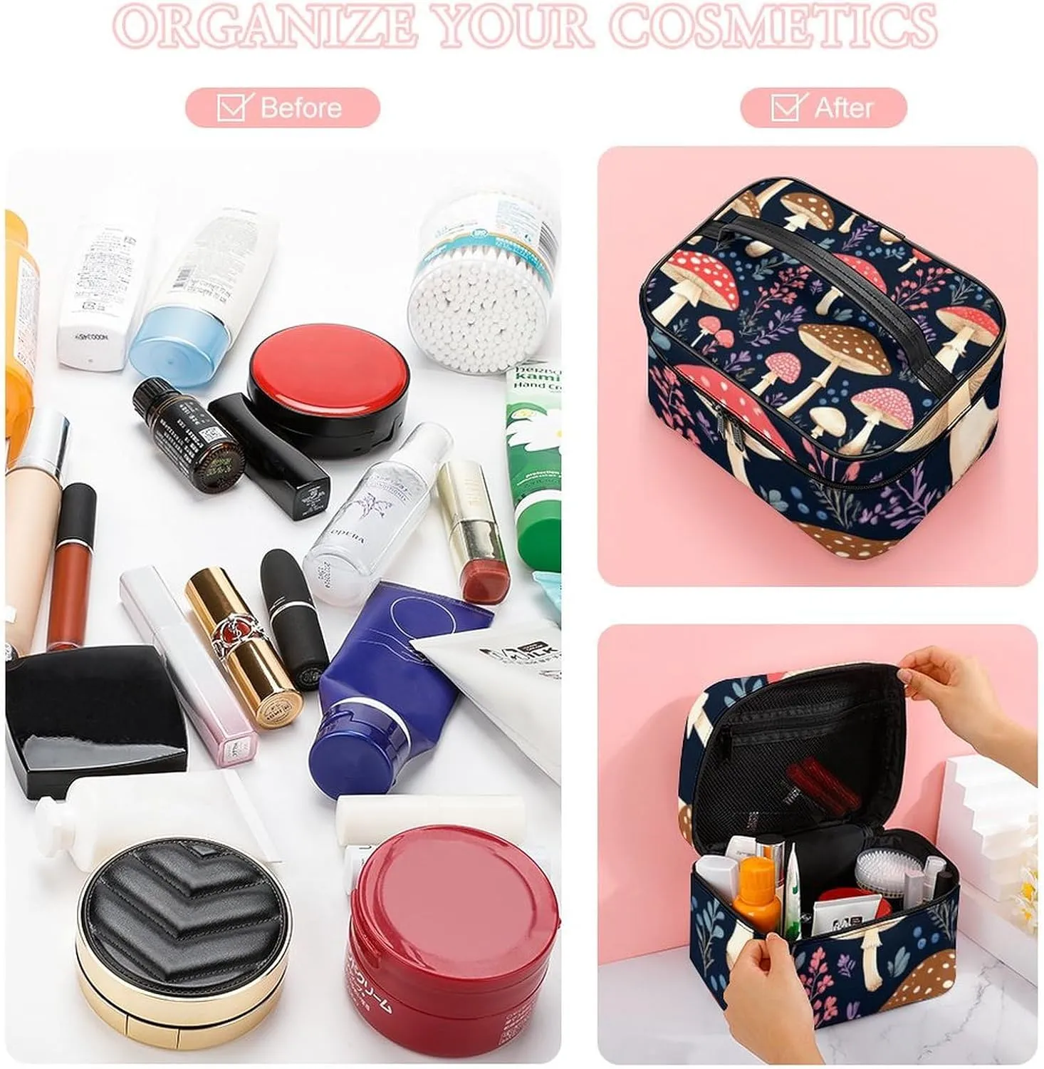 Women's Large Makeup Bag, Portable Cosmetic Brush Bags Autumn Fall Leaves Cool Mushrooms Makeup Organizer Case Travel Toiletry Accessories