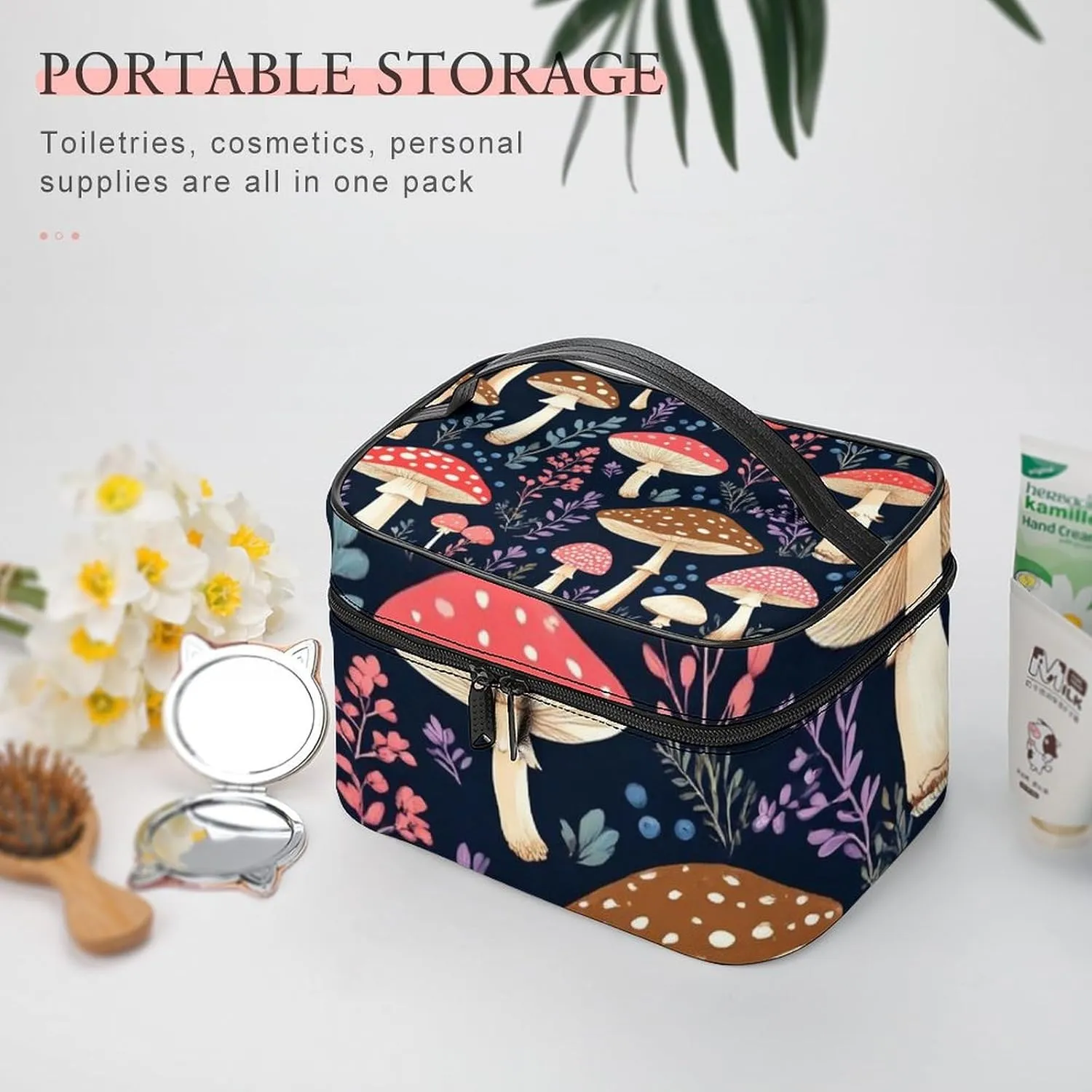 Women's Large Makeup Bag, Portable Cosmetic Brush Bags Autumn Fall Leaves Cool Mushrooms Makeup Organizer Case Travel Toiletry Accessories
