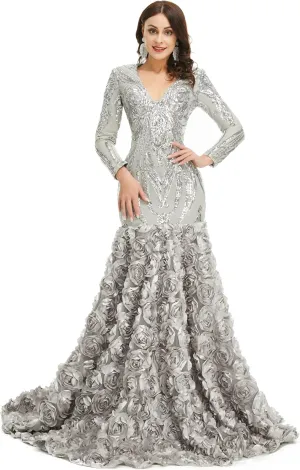 Women's Long Sleeves V-Neck Rose Sequins Mermaid Evening Dress