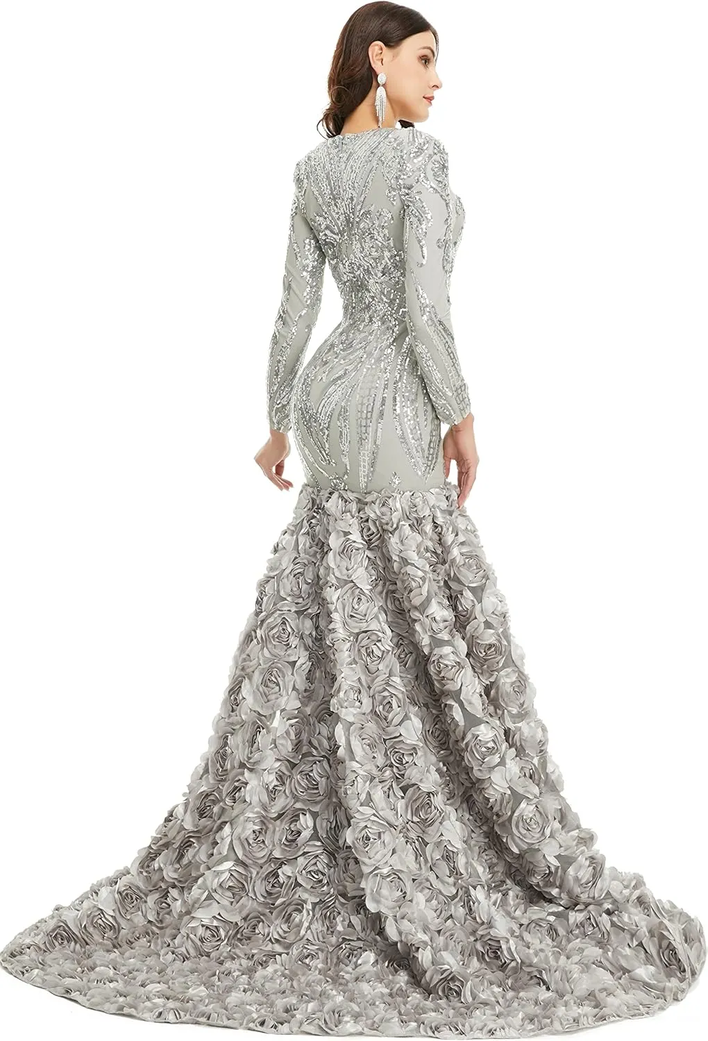 Women's Long Sleeves V-Neck Rose Sequins Mermaid Evening Dress