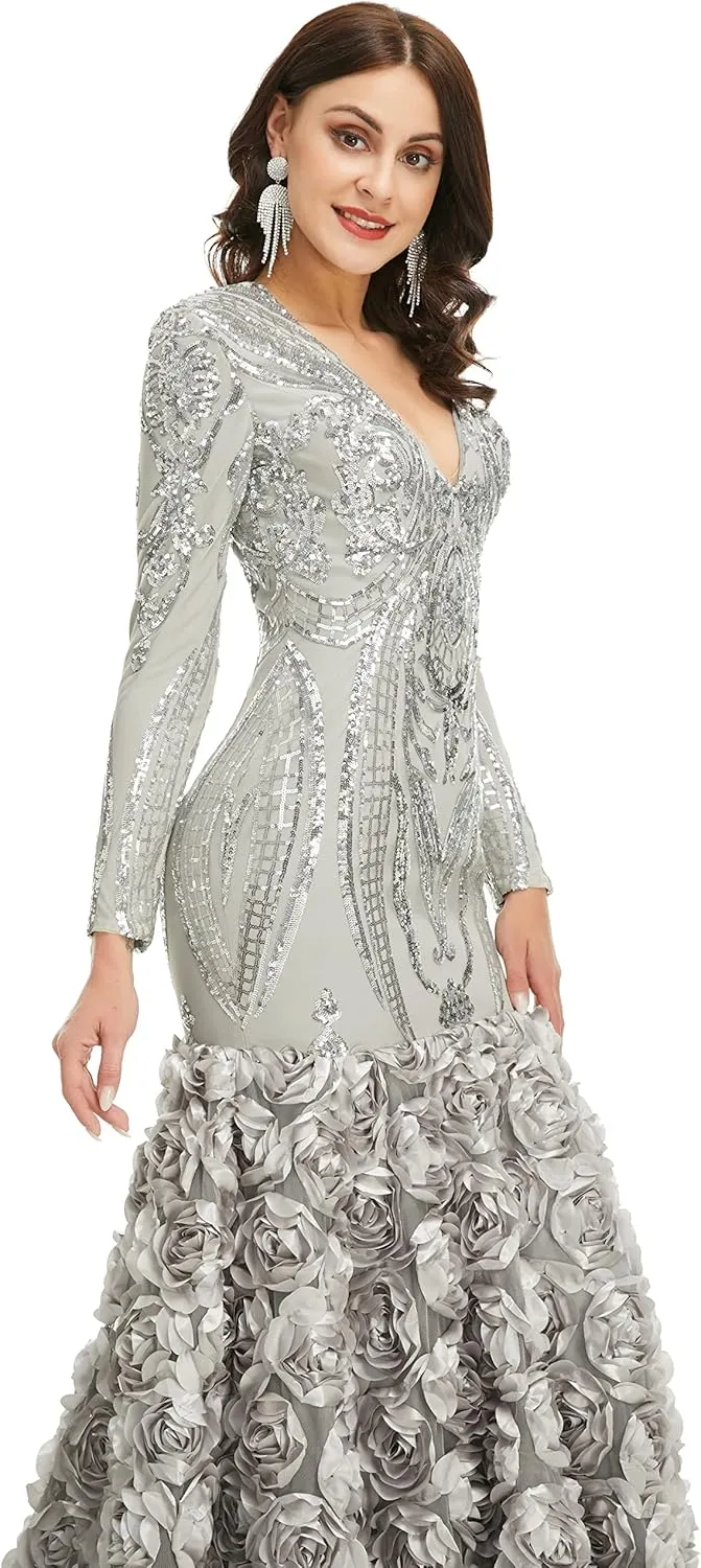 Women's Long Sleeves V-Neck Rose Sequins Mermaid Evening Dress