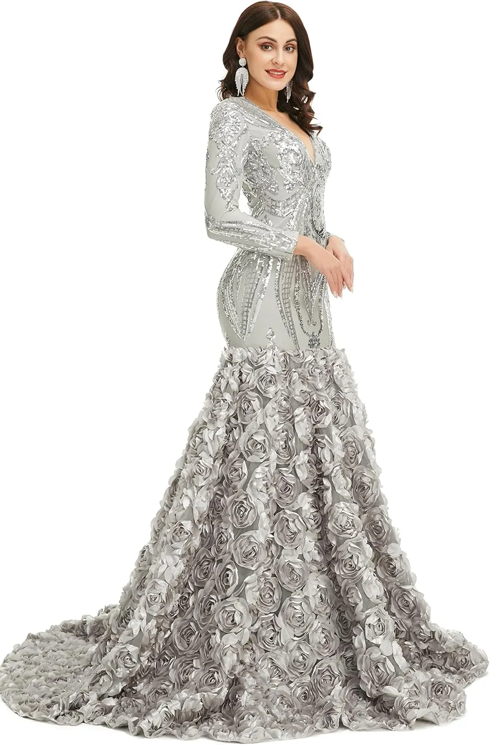 Women's Long Sleeves V-Neck Rose Sequins Mermaid Evening Dress