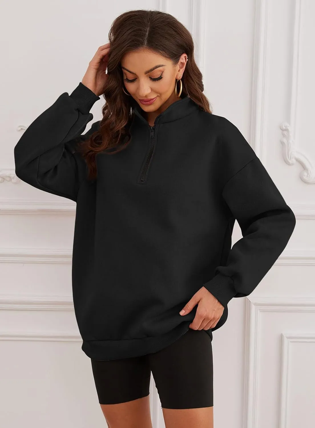 Womens Oversized Sweatshirts Quarter Zip Fleece Pullover Fall Fashion Outfits 2024 Y2K Winter Clothes