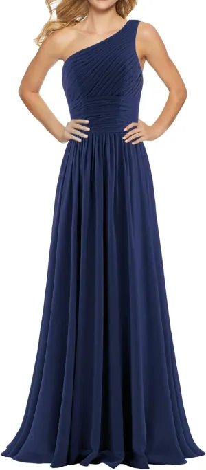 Women's Pleat Chiffon One Shoulder Bridesmaid Dresses Long Evening Dress Formal Wedding Party Dress