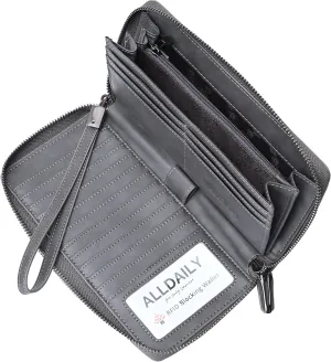 Women's RFID Blocking Leather Zip Around Wallet Large Phone Holder Clutch Travel Purse Wristlet (Grey)