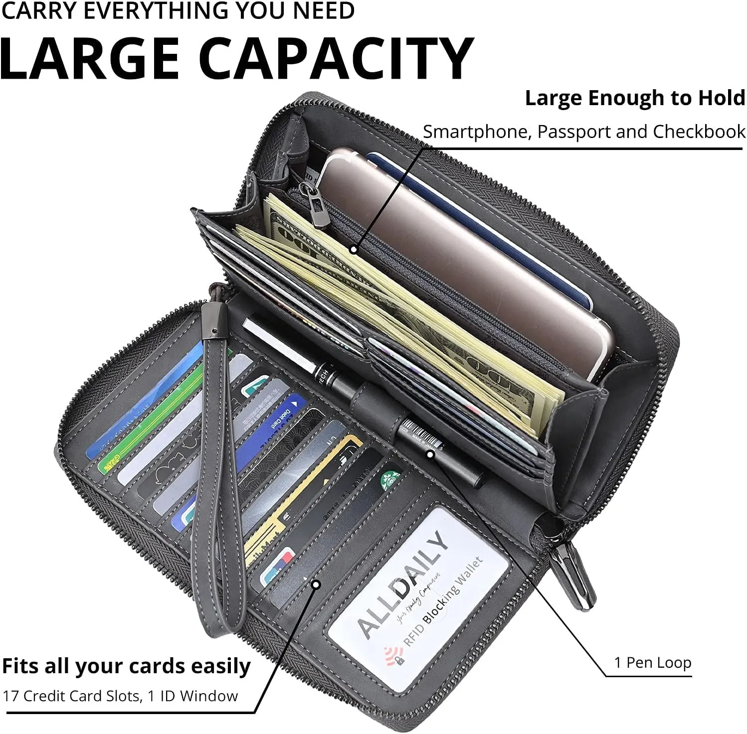 Women's RFID Blocking Leather Zip Around Wallet Large Phone Holder Clutch Travel Purse Wristlet (Grey)