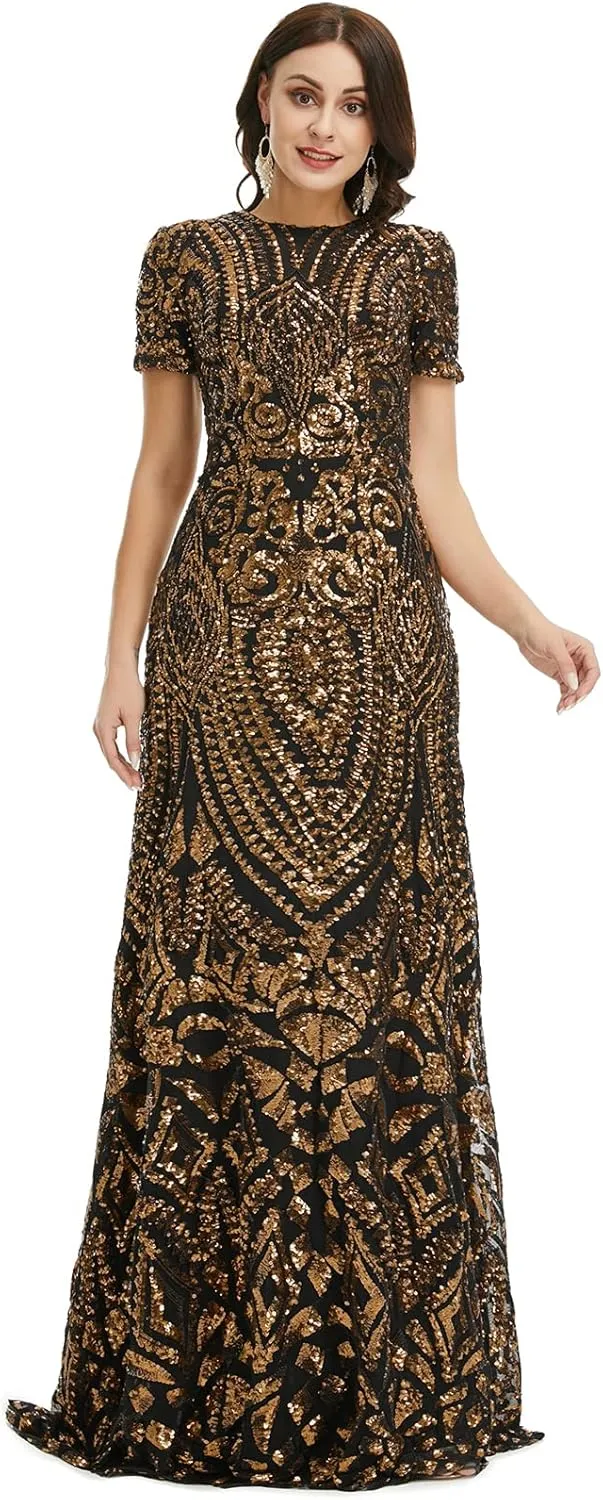Women's Short Sleeves Sequins A-Line Formal Evening Dress