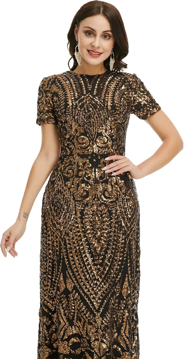 Women's Short Sleeves Sequins A-Line Formal Evening Dress