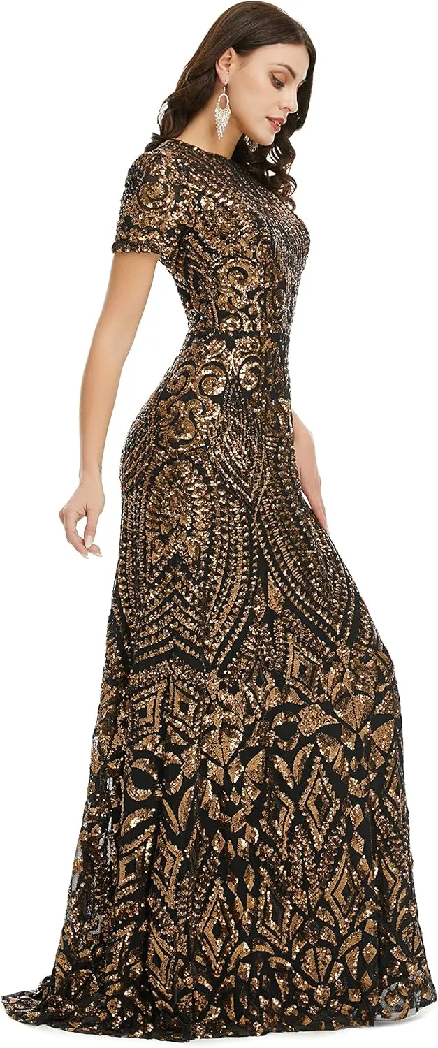 Women's Short Sleeves Sequins A-Line Formal Evening Dress