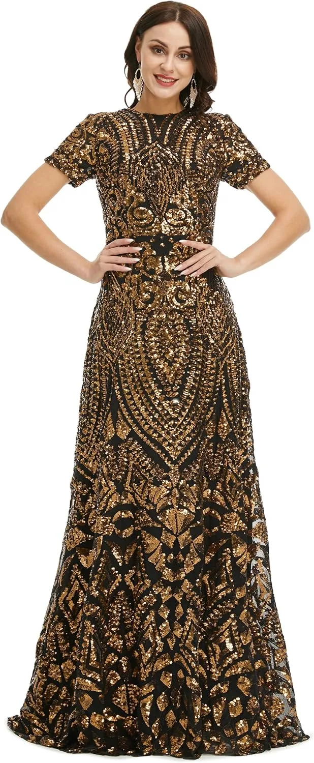 Women's Short Sleeves Sequins A-Line Formal Evening Dress