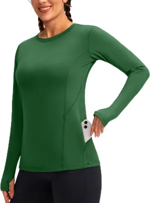 Women's Thermal Fleece Tops Long Sleeve Workout Shirts Running Athletic Base Layer with Thumb Holes Zipper Pocket