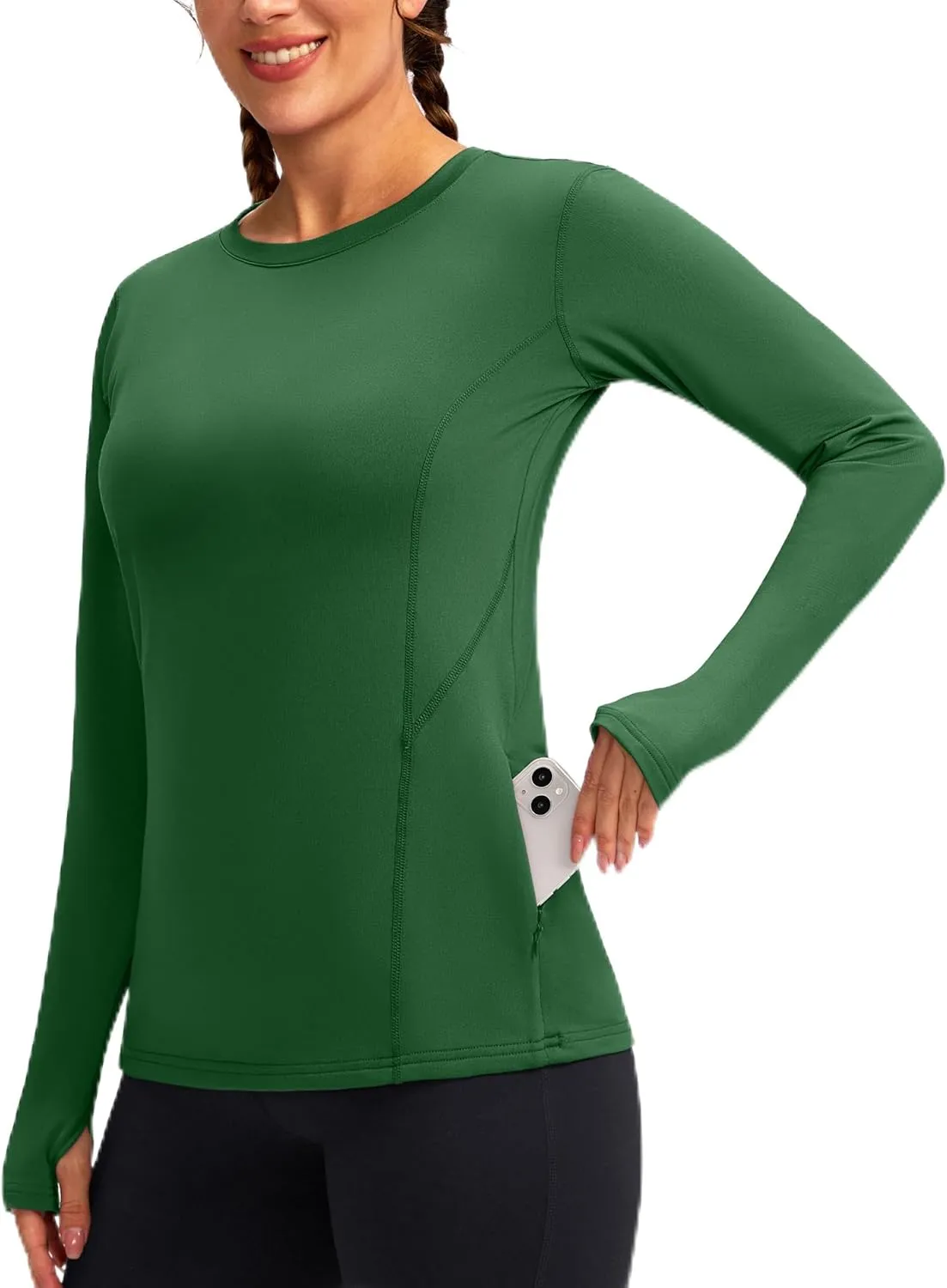 Women's Thermal Fleece Tops Long Sleeve Workout Shirts Running Athletic Base Layer with Thumb Holes Zipper Pocket