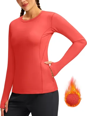 Women's Thermal Fleece Tops Long Sleeve Workout Shirts Running Athletic Base Layer with Thumb Holes Zipper Pocket