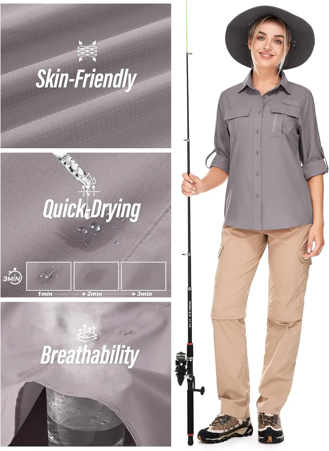 Women's UPF 50 Long Sleeve UV Sun Protection Safari Shirts Outdoor Quick Dry Fishing Hiking Travel Shirts