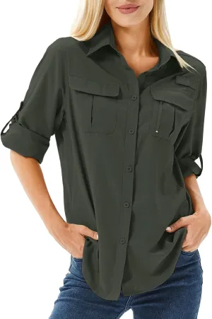 Women's UPF 50 Long Sleeve UV Sun Protection Safari Shirts Outdoor Quick Dry Fishing Hiking Travel Shirts