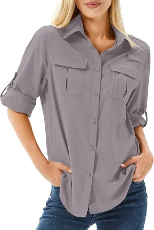 Women's UPF 50 Long Sleeve UV Sun Protection Safari Shirts Outdoor Quick Dry Fishing Hiking Travel Shirts
