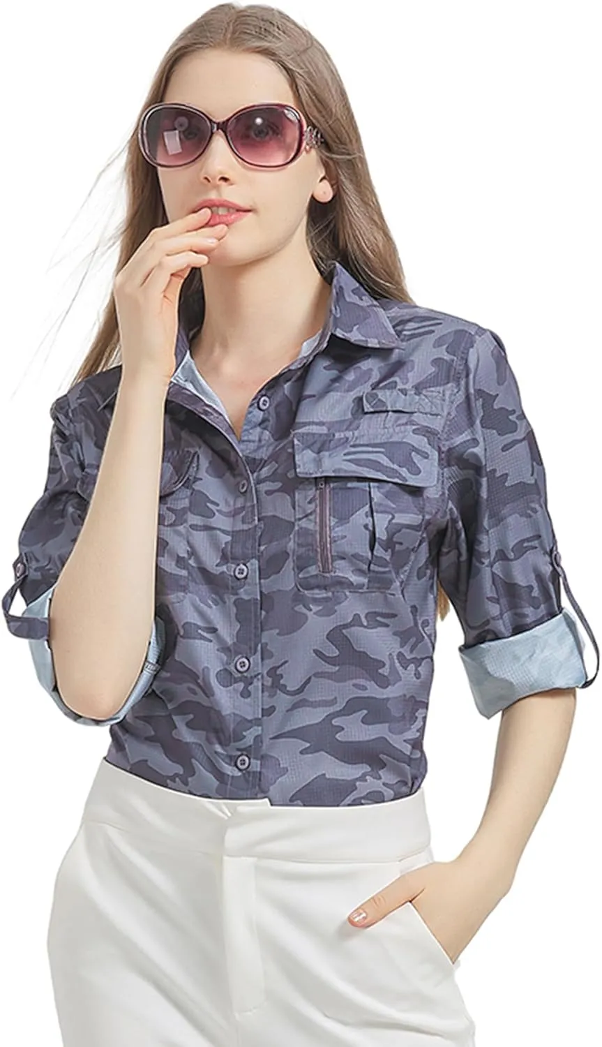 Women's UPF 50 Long Sleeve UV Sun Protection Safari Shirts Outdoor Quick Dry Fishing Hiking Travel Shirts