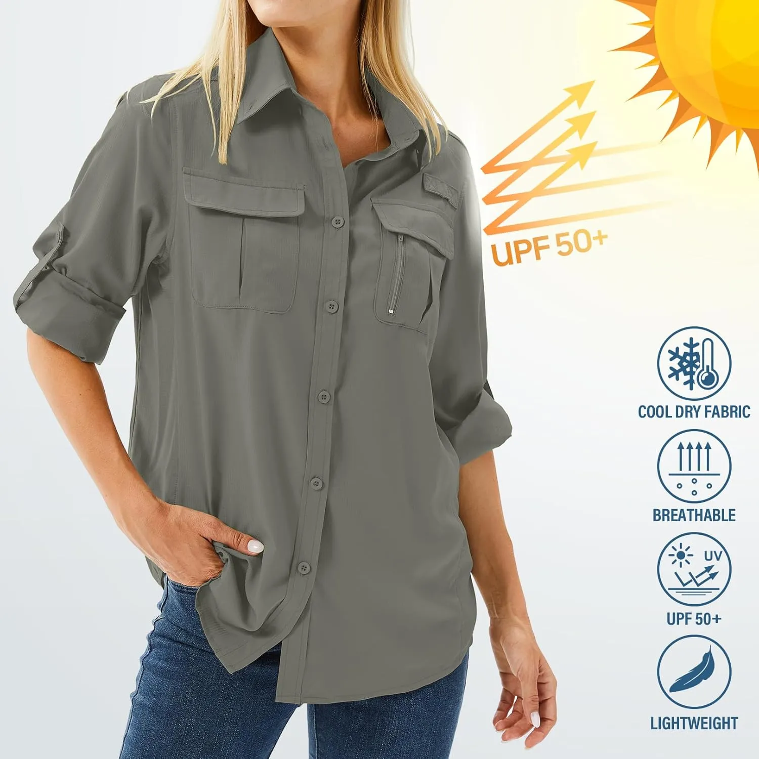 Women's UPF 50 Long Sleeve UV Sun Protection Safari Shirts Outdoor Quick Dry Fishing Hiking Travel Shirts