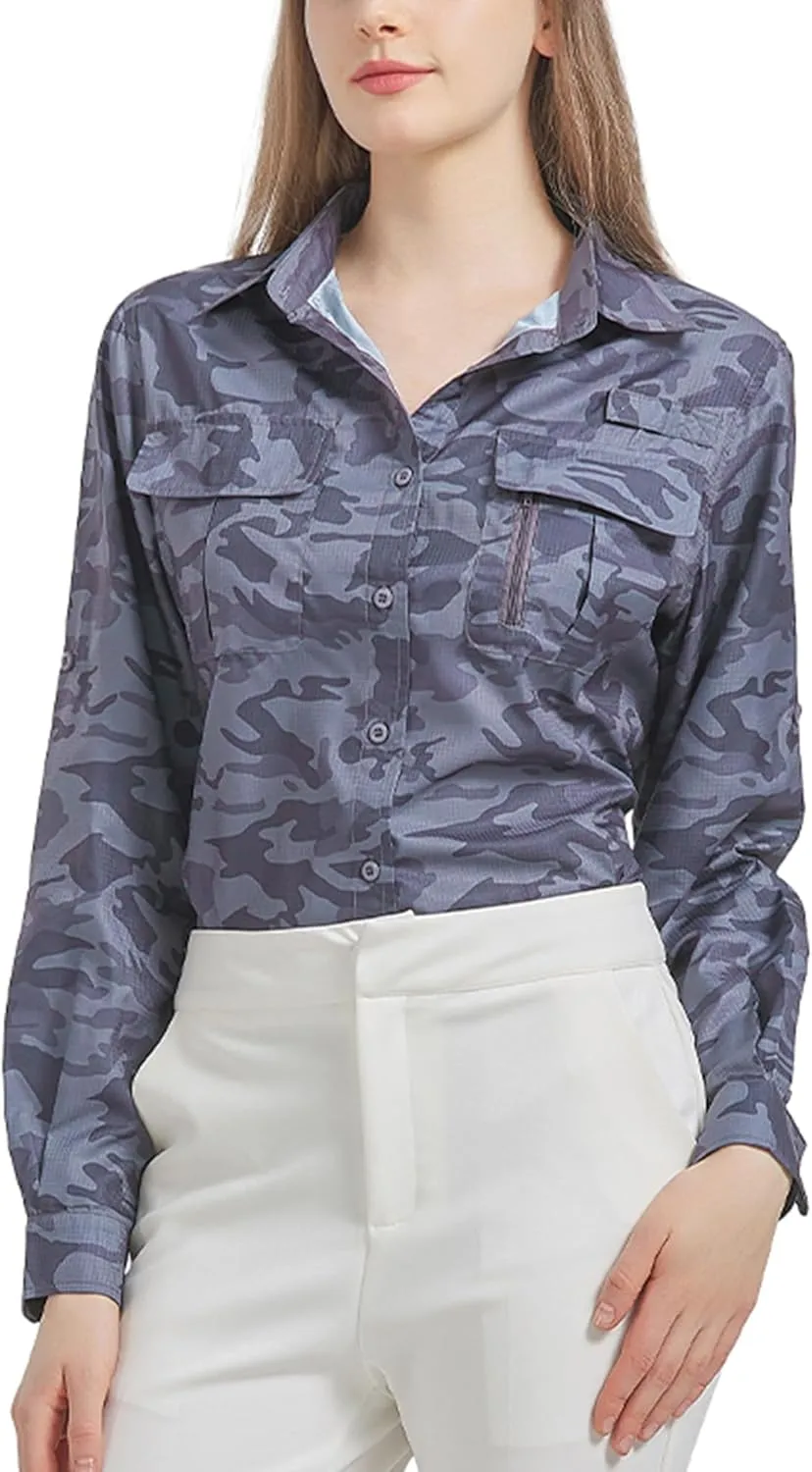 Women's UPF 50 Long Sleeve UV Sun Protection Safari Shirts Outdoor Quick Dry Fishing Hiking Travel Shirts
