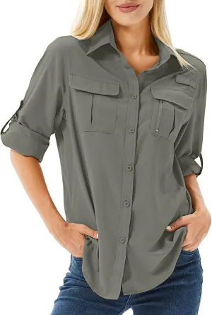 Women's UPF 50 Long Sleeve UV Sun Protection Safari Shirts Outdoor Quick Dry Fishing Hiking Travel Shirts