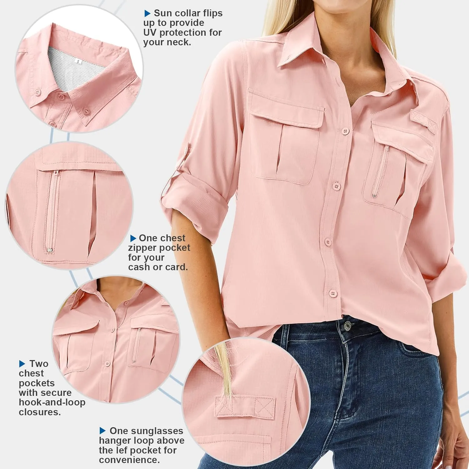 Women's UPF 50 Long Sleeve UV Sun Protection Safari Shirts Outdoor Quick Dry Fishing Hiking Travel Shirts