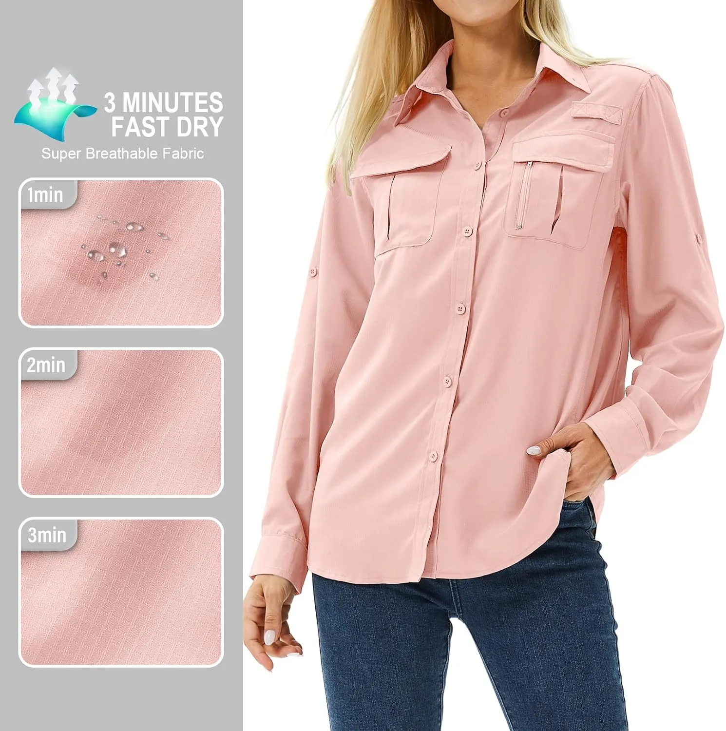 Women's UPF 50 Long Sleeve UV Sun Protection Safari Shirts Outdoor Quick Dry Fishing Hiking Travel Shirts