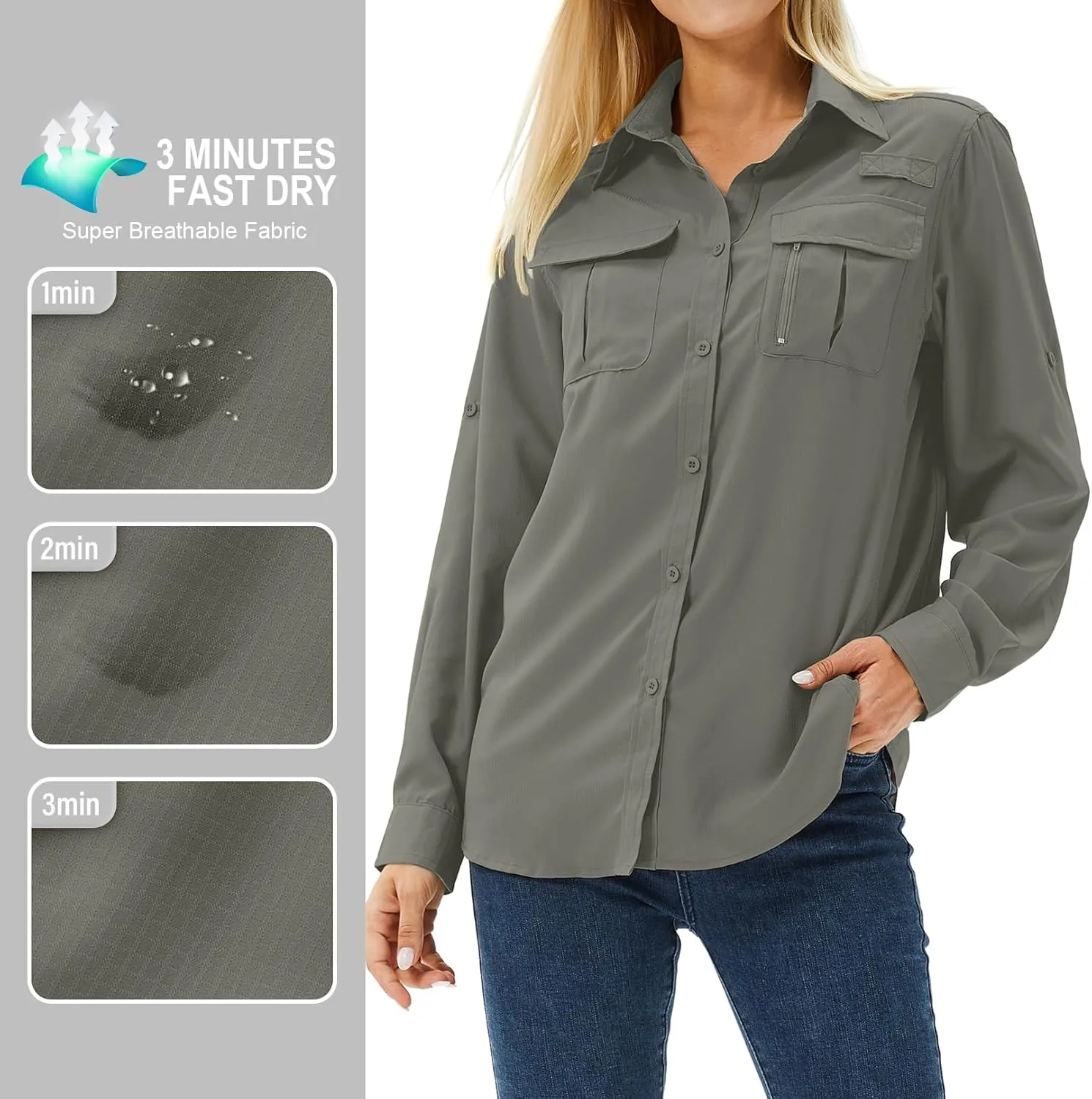 Women's UPF 50 Long Sleeve UV Sun Protection Safari Shirts Outdoor Quick Dry Fishing Hiking Travel Shirts