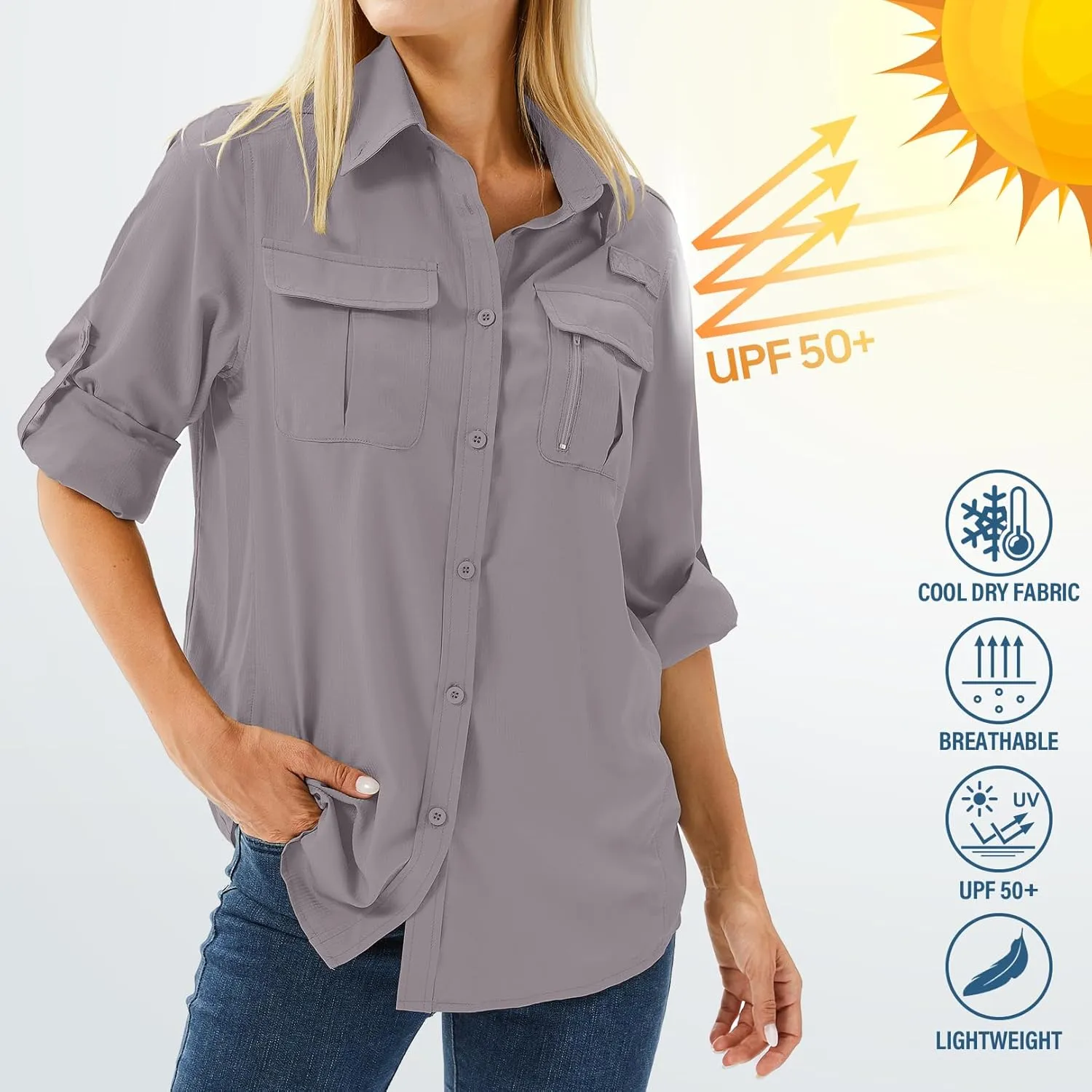 Women's UPF 50 Long Sleeve UV Sun Protection Safari Shirts Outdoor Quick Dry Fishing Hiking Travel Shirts