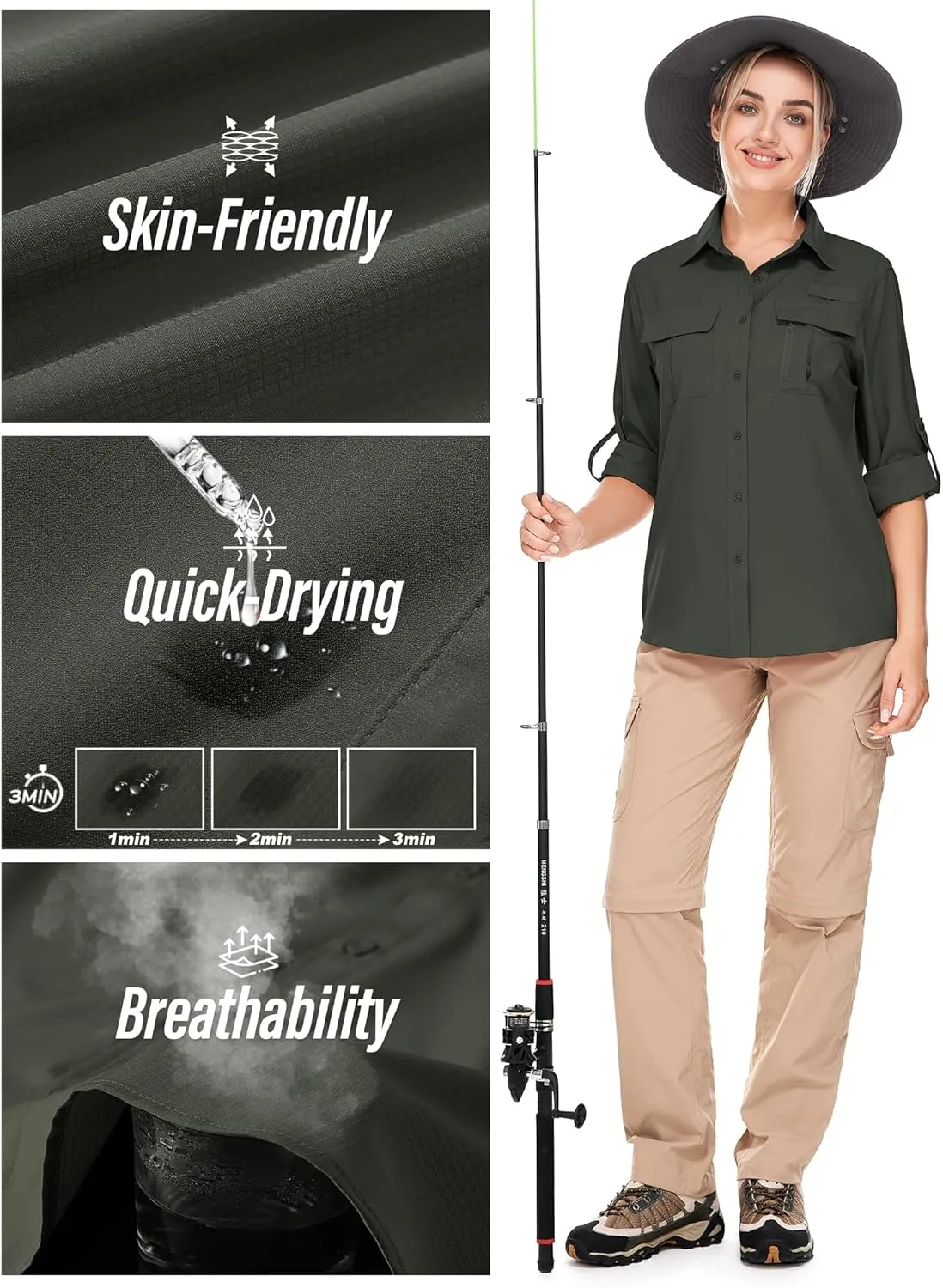 Women's UPF 50 Long Sleeve UV Sun Protection Safari Shirts Outdoor Quick Dry Fishing Hiking Travel Shirts
