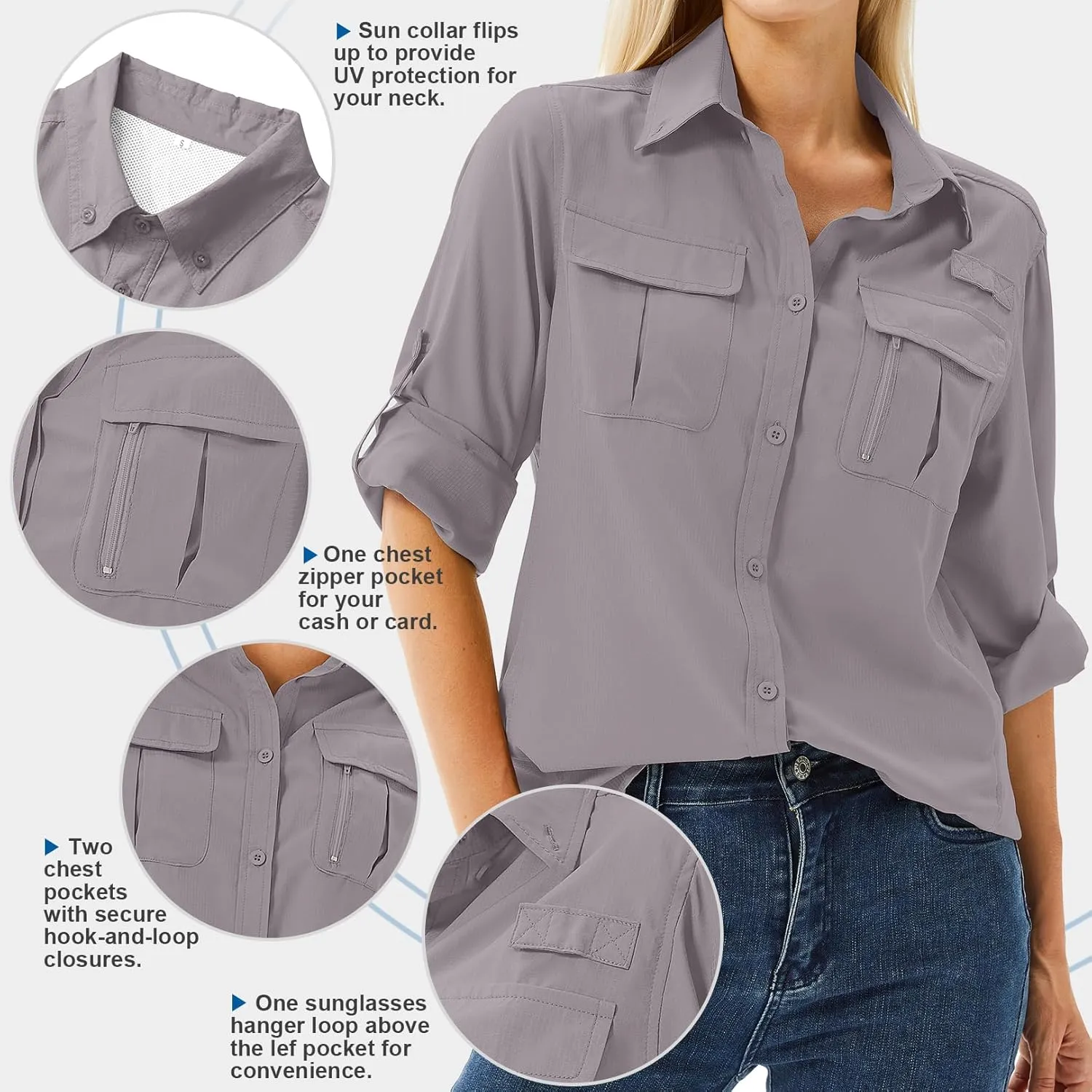 Women's UPF 50 Long Sleeve UV Sun Protection Safari Shirts Outdoor Quick Dry Fishing Hiking Travel Shirts