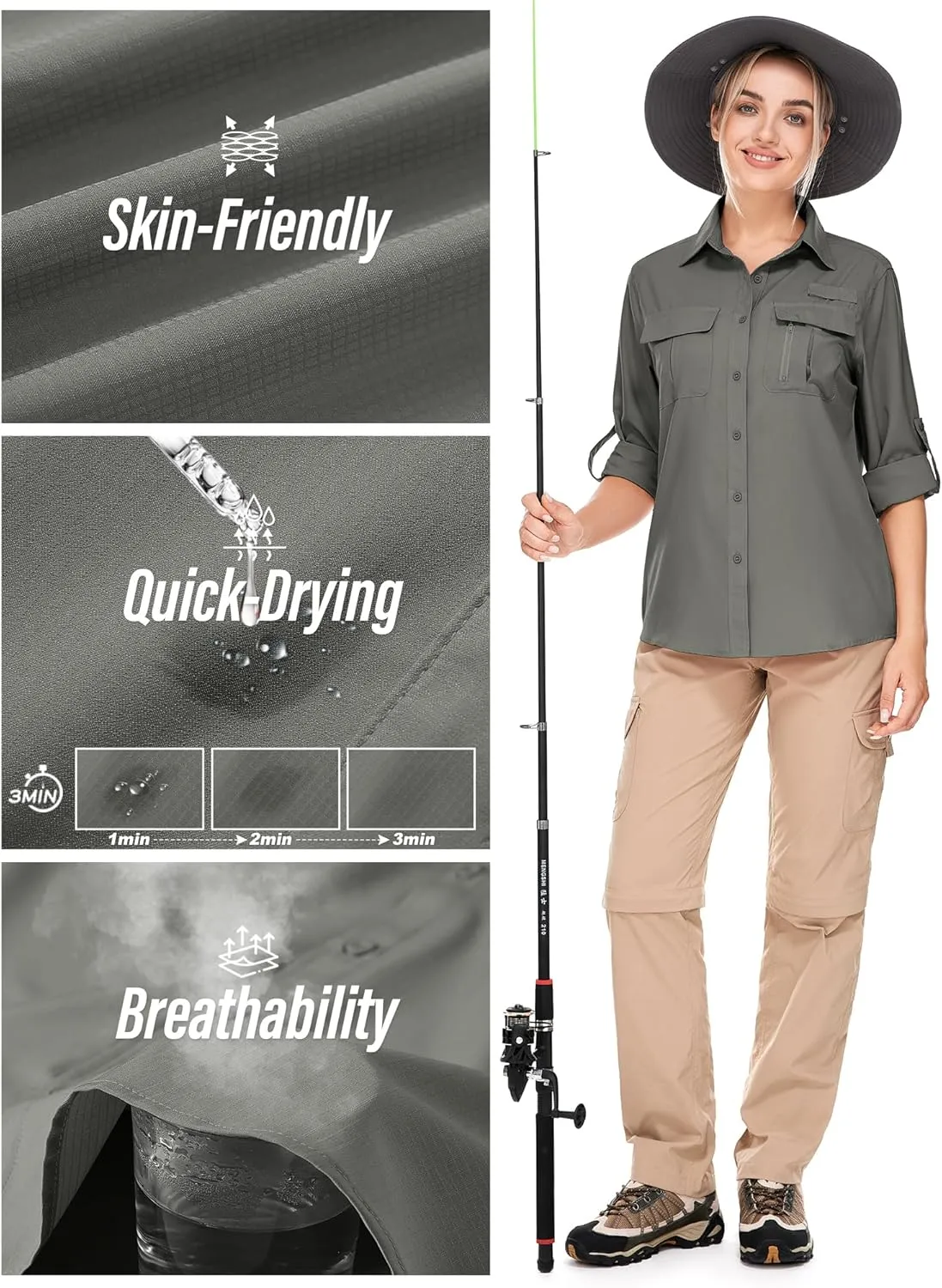 Women's UPF 50 Long Sleeve UV Sun Protection Safari Shirts Outdoor Quick Dry Fishing Hiking Travel Shirts