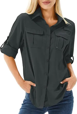 Women's UPF 50 Long Sleeve UV Sun Protection Safari Shirts Outdoor Quick Dry Fishing Hiking Travel Shirts